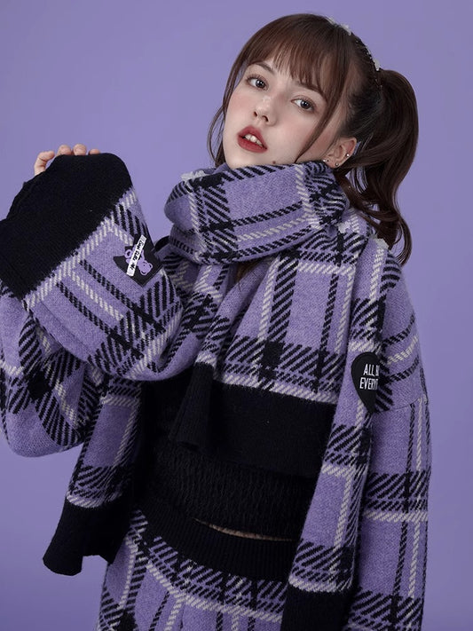 Knit Purple Check Scarf