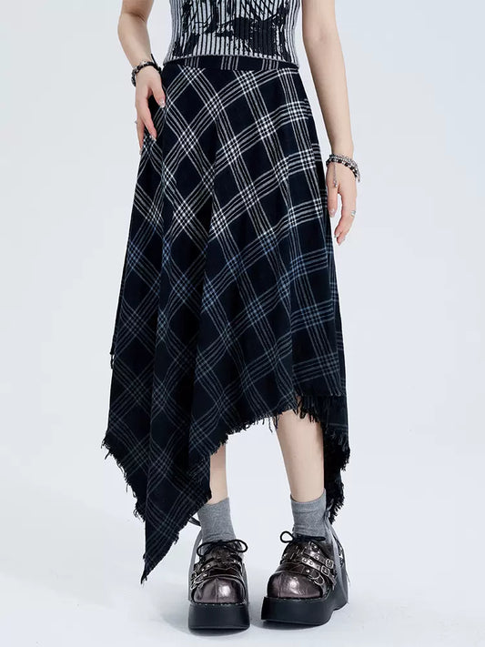 11SH97 Irregular Raw Skirt Women's Summer Design Sense Gradient Check Contrast Slim A-Line Midi Skirt