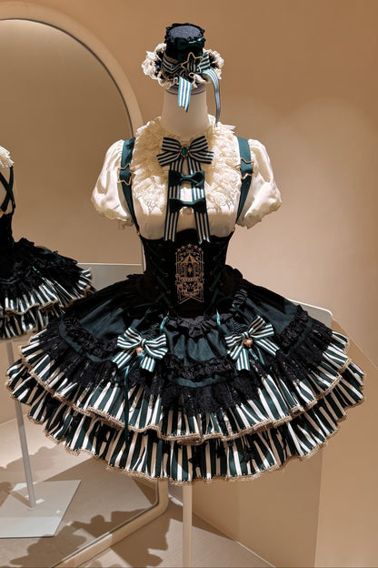 [Pre-order Deadline: May 20] Magical Girl Lolita Elegant Lace Puff Sleeve Shirt + Black x Green Ribbon Corset Tiered Dress + Mini Hat