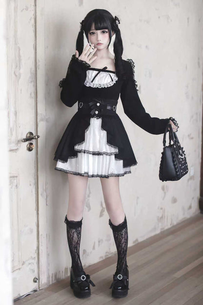 【12月6日予約締切】ブラックホワイトレースシアーショルダーニットトップス＋ケーキスカート
