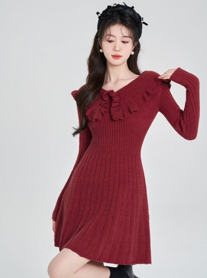 Volume Frill V-Neck Ribbed Knit Dress