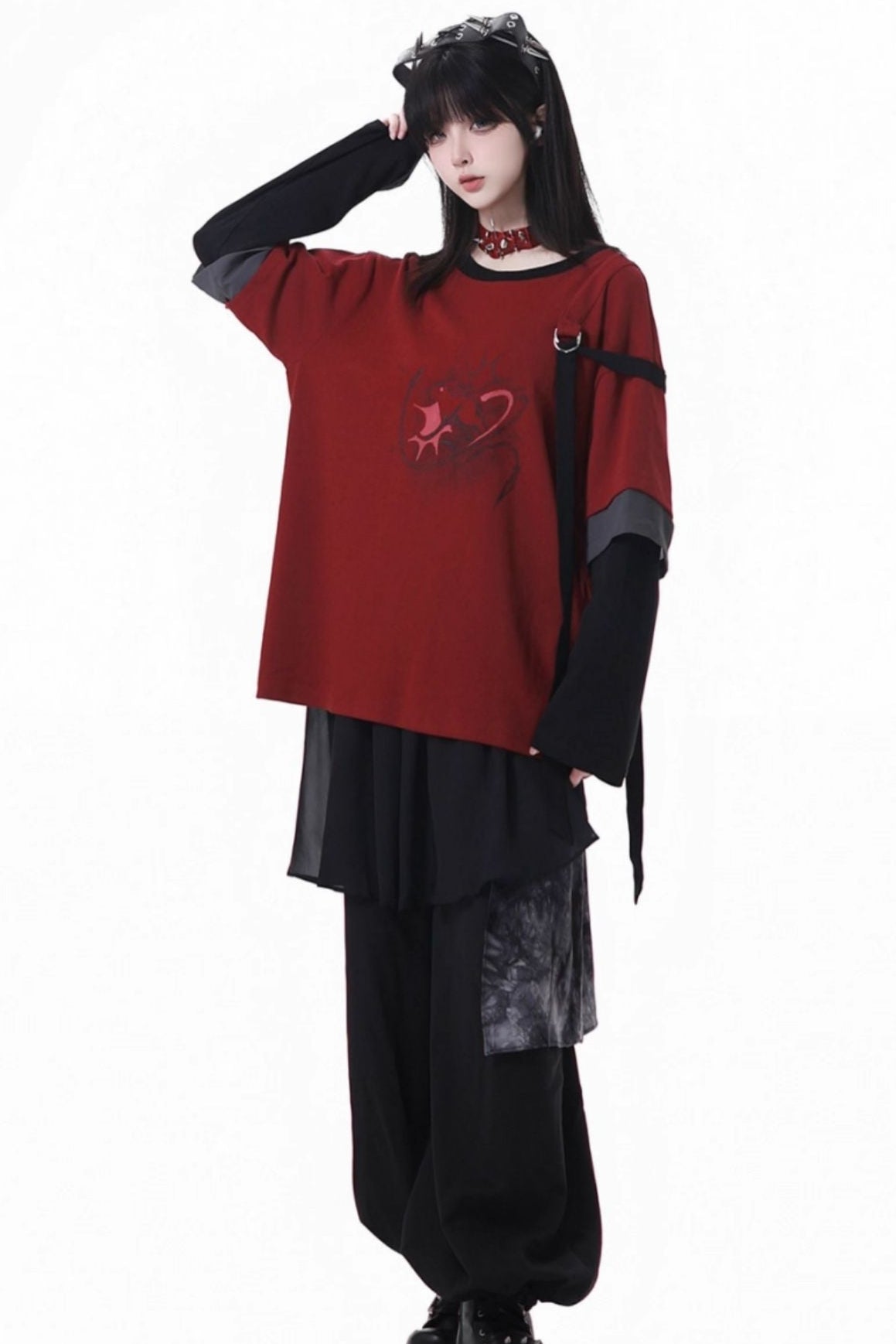 Splice mode red top + mode pants + rose belt