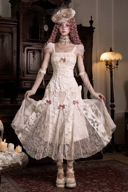 コットンラブハートリボンカットアウトレーススリップドレス