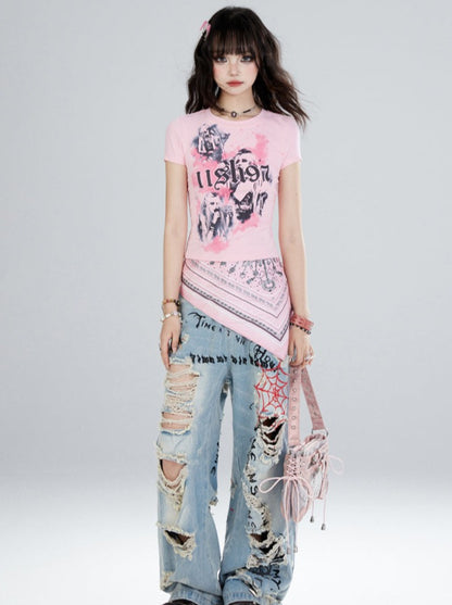Limited time 9% off 11SH97 American high street jeans female summer hottie slim ripped loose washed wide-leg pants