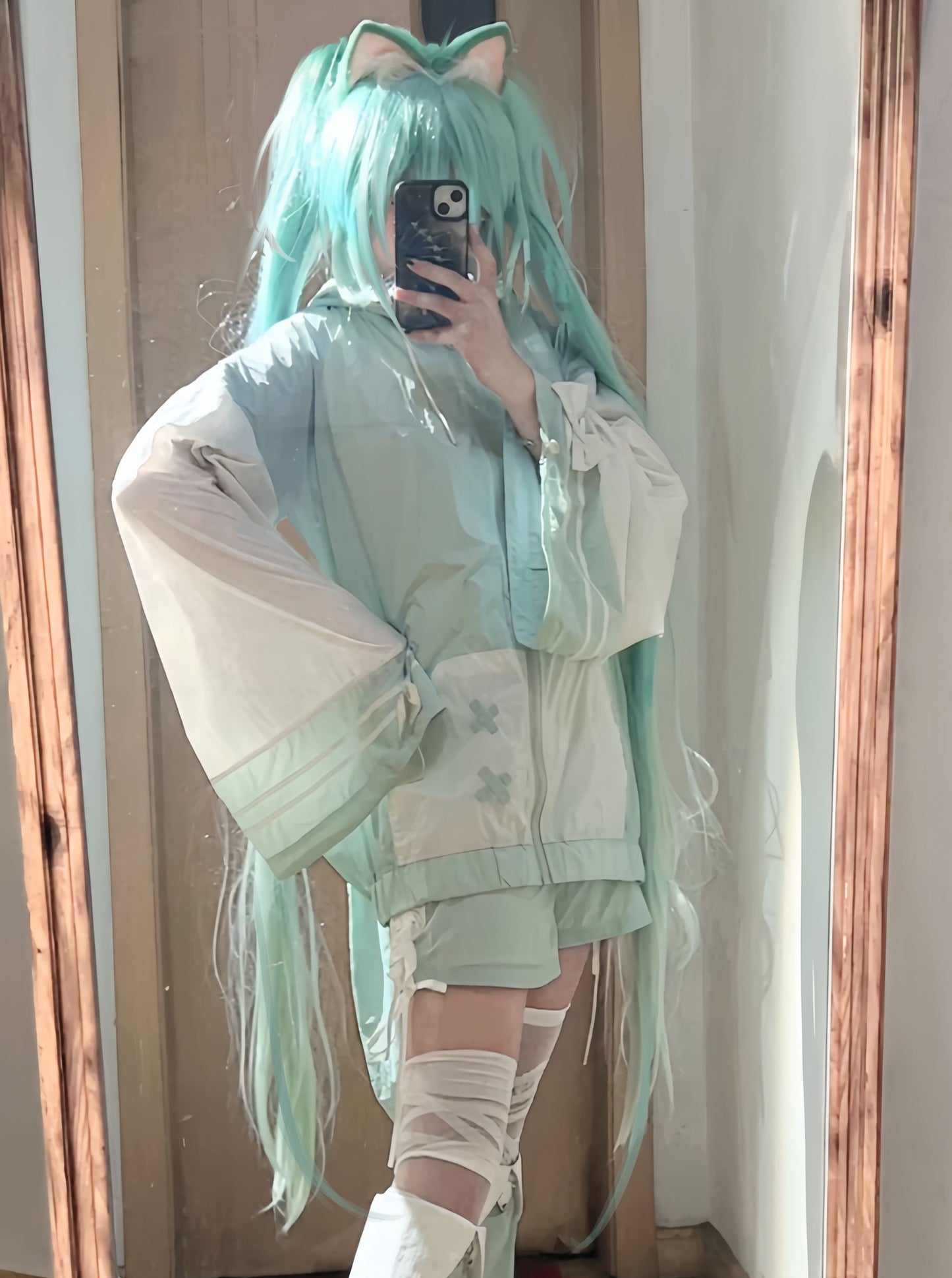 [Angel Neighborhood👼Aqua Angel Subculture Hooded Parka + Ribbon Shorts + Leg Warmers