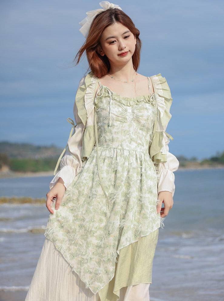 Seaside Vacation Floral Ruffle Ribbon Top + Assassus Dress [Short Long]