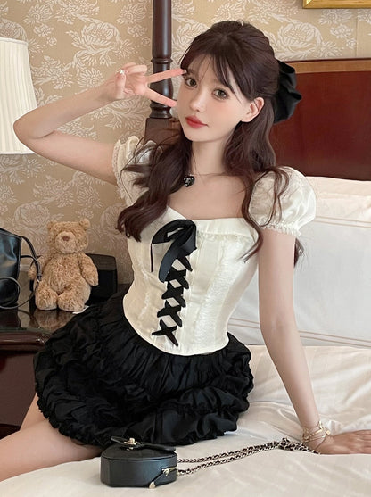 Classical Girly Open Neck Lace-Up Top