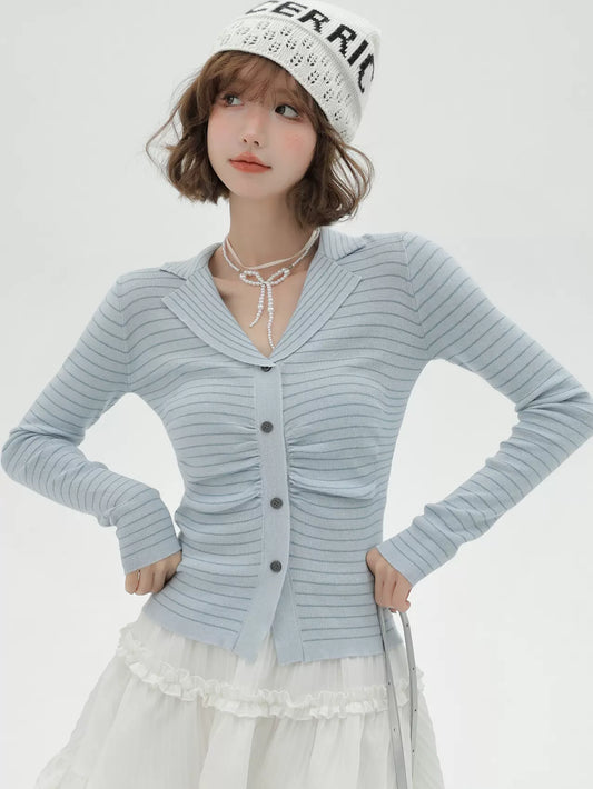 Girlyhalo striped knit sweater, long-sleeved women's spring and autumn thin suit collar, slim fit skinny wool knit inner sweater