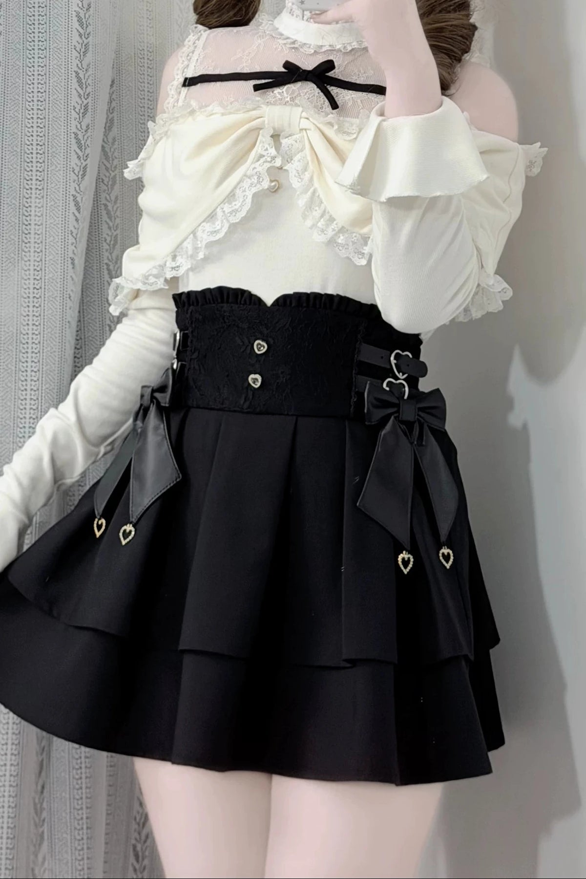 [Pre-order Deadline: October 15] Romantic White Bow Sheer Lace Off-Shoulder Knit Top + Black Bow Lace Layered Mini Skirt