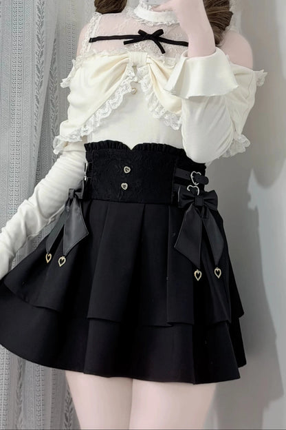 [Pre-order Deadline: October 15] Romantic White Bow Sheer Lace Off-Shoulder Knit Top + Black Bow Lace Layered Mini Skirt