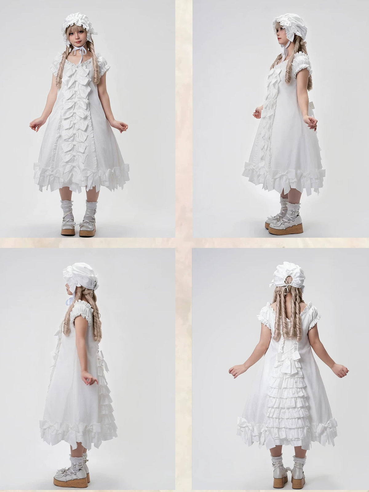 [November 15 Reservation Deadline] White Doll Style Front & Back Two-Way Ruffle Ribbon Lolita Dress (Short/Long) + Matching Shorts (Short/Long) + BB Hat