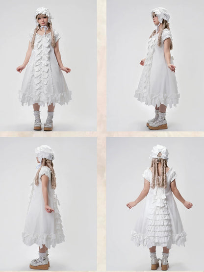 [November 15 Reservation Deadline] White Doll Style Front & Back Two-Way Ruffle Ribbon Lolita Dress (Short/Long) + Matching Shorts (Short/Long) + BB Hat