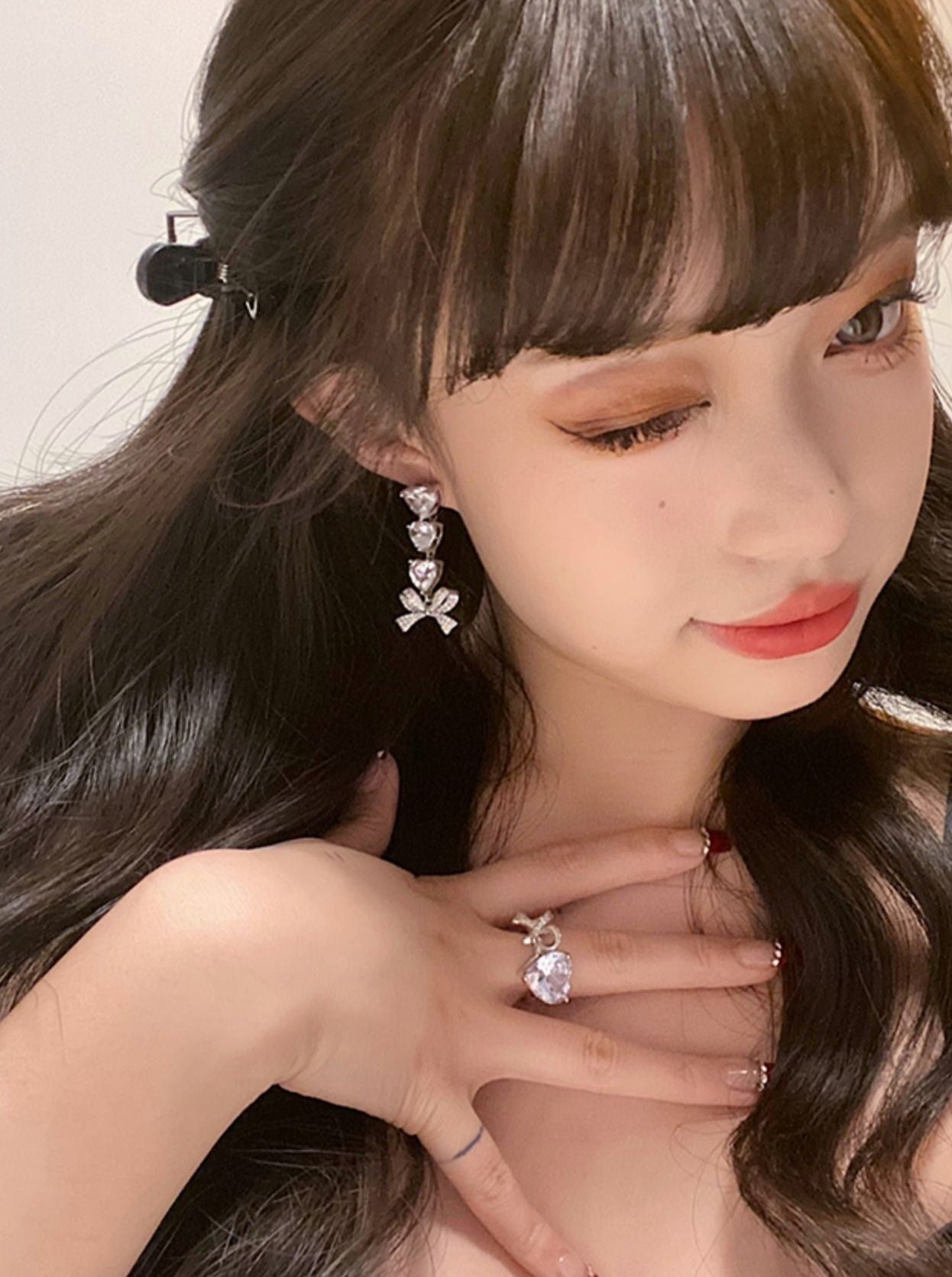 Ribbon heart earring + earrings + ring