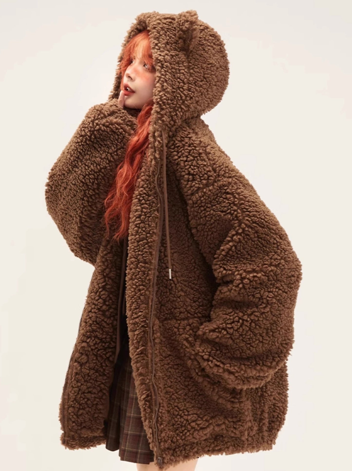 Bear Ears Hooded Lamb Wool Zipper Fur Coat