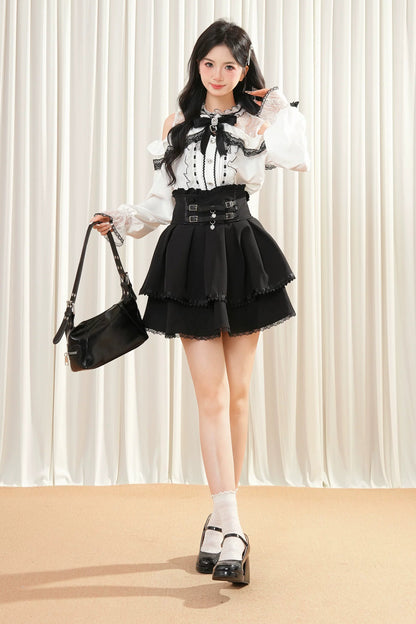 レースリボンオフショルダートップス+スカート