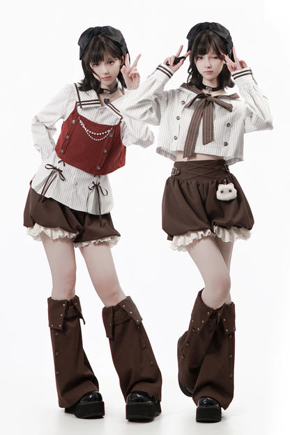 フードトップス+シャツ+スカート+レッグウォーマー+ベスト