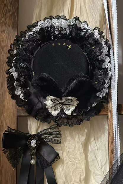 Reservation Deadline: December 26 Black Gold Gothic Lolita Cat Choir Series Accessories (Cat Ear BB Hat + Back Ribbon Train + Pair of Side Ribbons with Musical Note and Cross Motifs + Cat Print Ribbon KC + Black Cat Ear Lace Mini Hat)