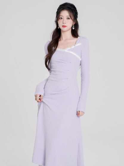 Sweet Purple Square Neck Slim Long Dress