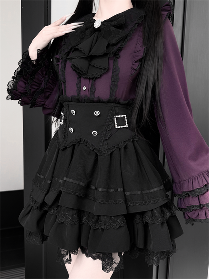 【1月7日予約締切】ジュエルリボンベルスリーブシャツ＋ブラックストライプティアードスカート＋セットアップ