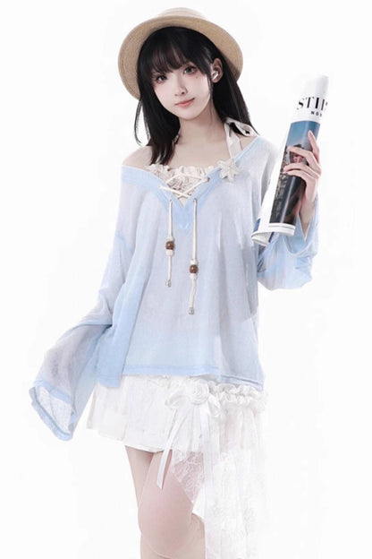 Seaside-Smok-Oberteile + Neckholder-Unterhemd + Asymmetrischer Rock