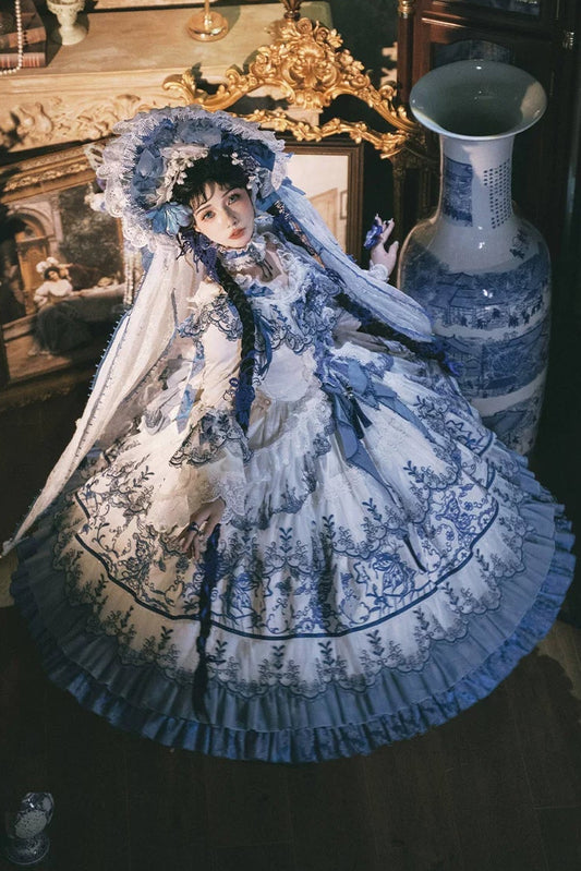 [Cierre de reservas: 18 de agosto] Vestido lolita de encaje bordado azul porcelana con lazo (largo/corto) + accesorios exclusivos para compradoras del vestido (par de pinzas para el pelo y gargantilla)