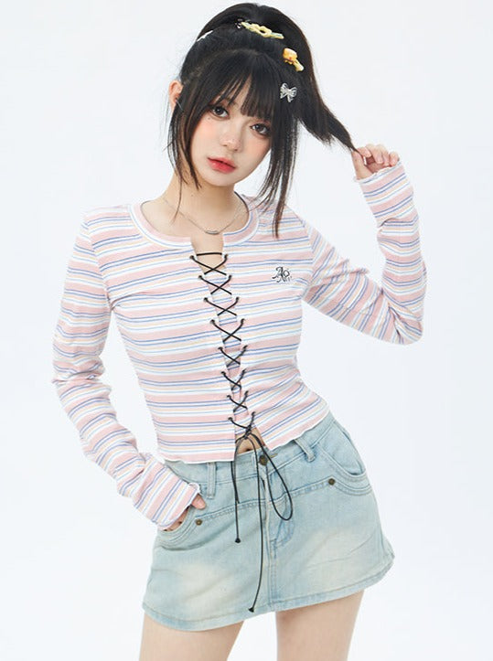 Lace-up pastel border top