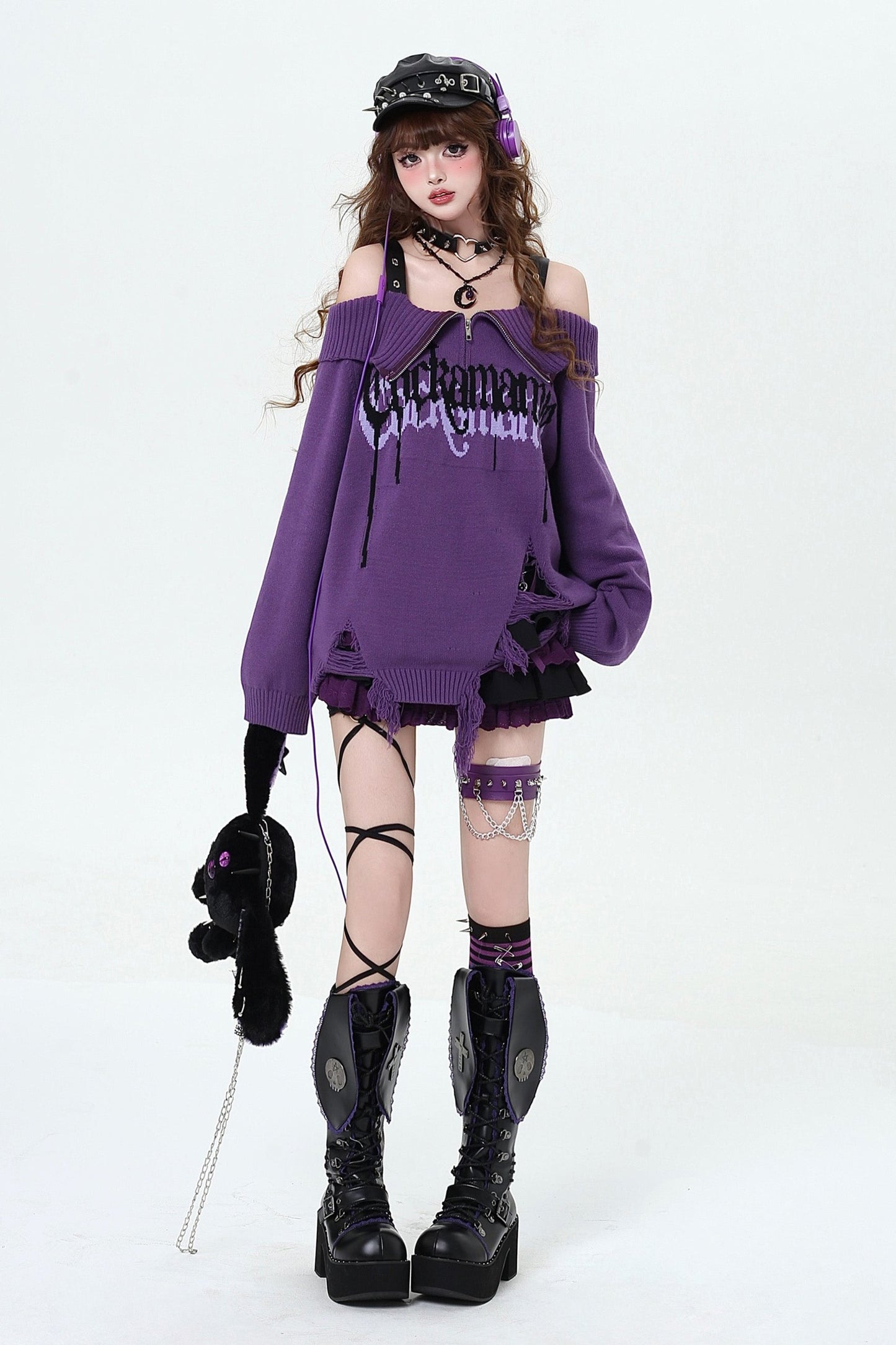 Sub-Black Purple Off-Shoulder Sweater