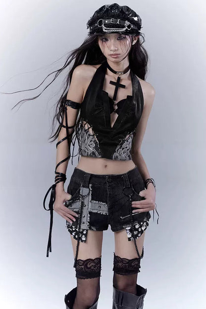 ダークレースパッチワークレザーキャミソール