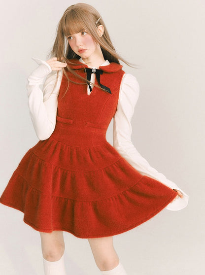 Hot Wine Wool Velvet Doll Collar Dress