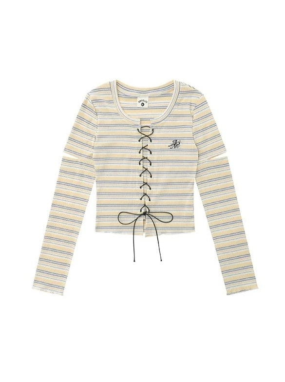 ENJOG 2023 new striped lace up long sleeve T shirt women s design