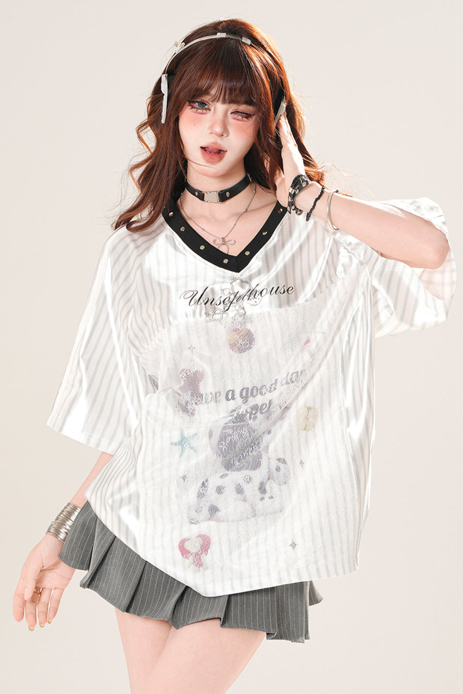 スポーティーネックボーダースクエアショルダートップス