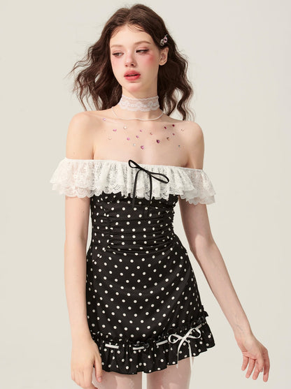 Lace Off-the-shoulder Dot Dress