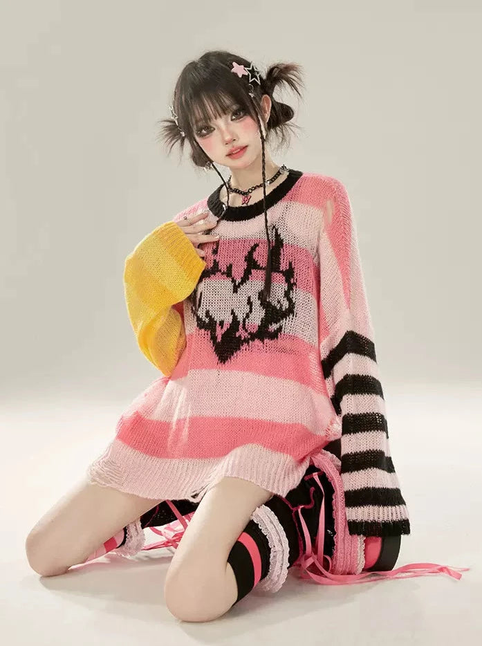 Striped Contrast Color Asymmetrical Loose Pullover Sheer Knit