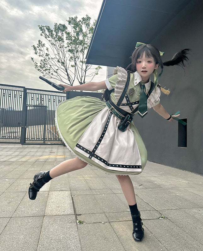 Schwarz-grünes Militär-Maid-Lolita-Kleid Komplettset