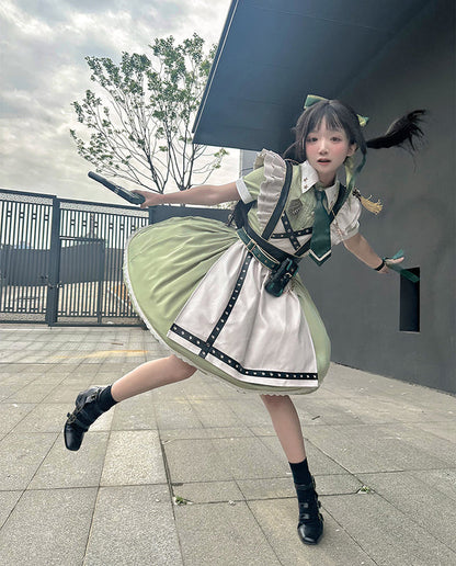 Schwarz-grünes Militär-Maid-Lolita-Kleid Komplettset