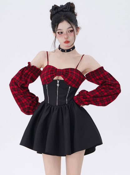 One Shoulder Suspender Check Dress