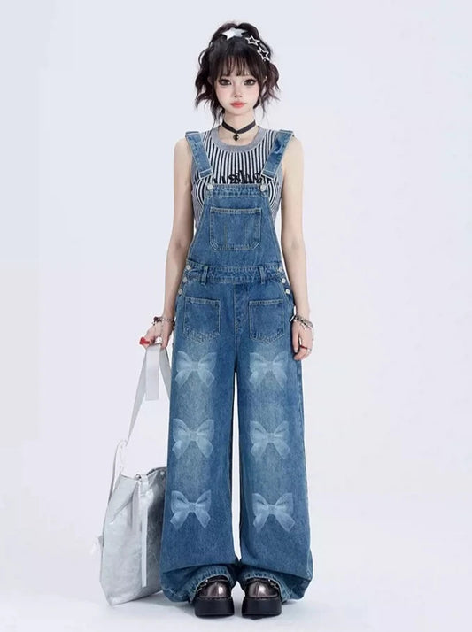 11SH97 Multi-Pocket Wash Jeans Women's Summer Design Sense Fashion Loose Casual Straight Wide-leg Bib Pants