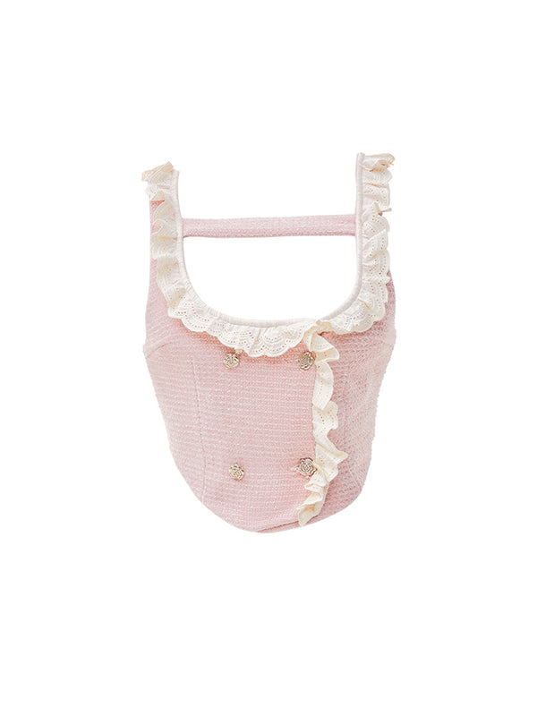 Ruffle vest + top + slit ribbon skirt