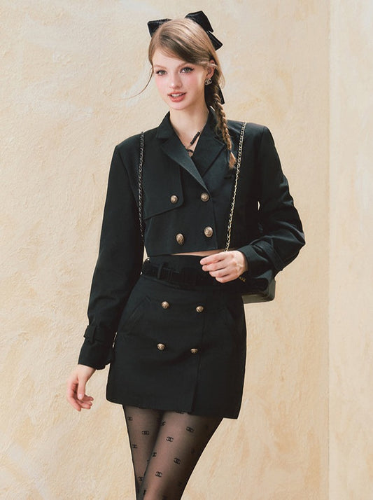 레트로 프랑스 병아리 짧은 재킷 + 하이 웨스트 스커트 [예약 제품]