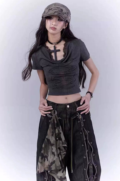 ダークスリムレースクロストップス