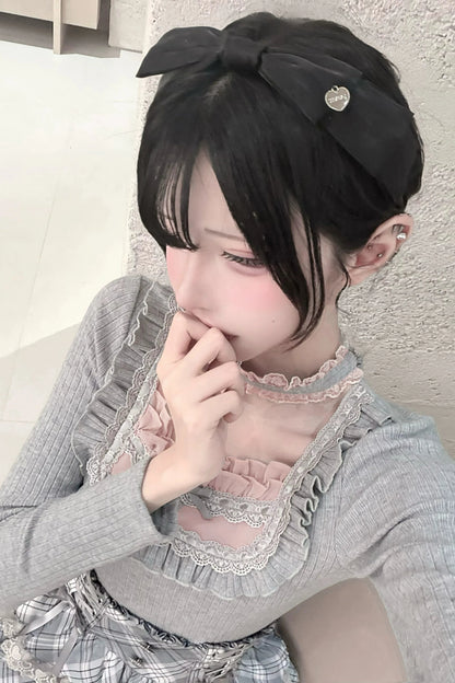 [Pre-order Deadline: October 15] Grey Pink Lace Trim Square Neck Choker Design Knit Top + Lace Trim Plaid Tiered Skirt