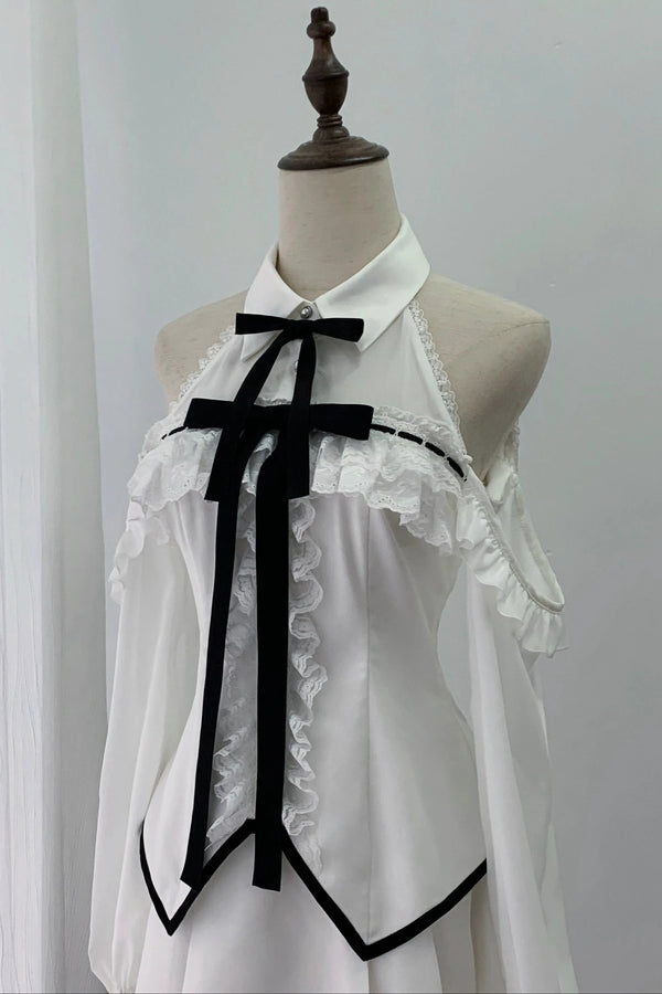 [Pre-order Deadline: October 15] Gothic Lace Cold Shoulder Long-Sleeve White Blouse&Nbsp;With Detachable Bows + Lace Box-Pleated Skirt