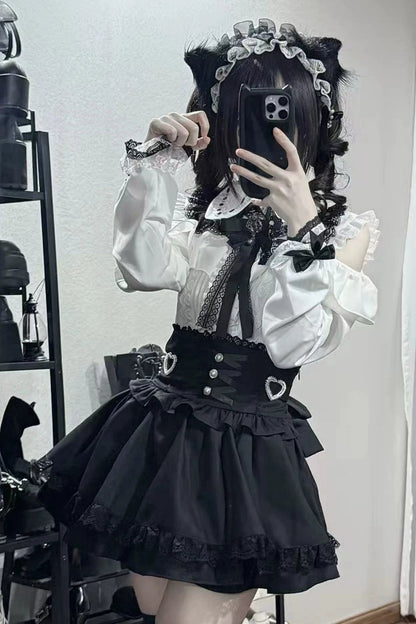 地雷ロングスリーブシャツ+ハイウエストスカート+リボンネクタイ