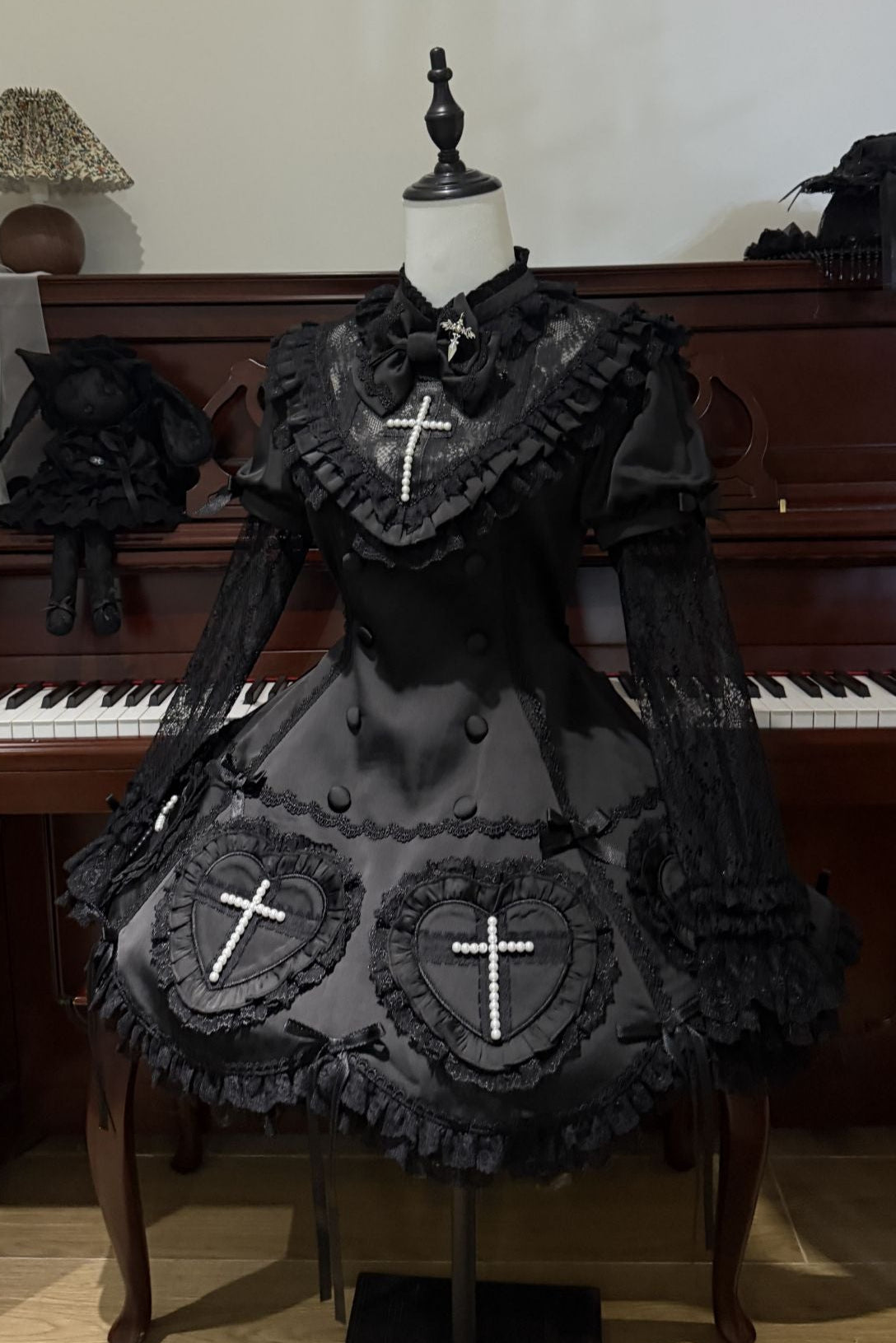 【12月6日予約締切】Night Crossダークエレガントゴシックロリータジュエルリボンケープ＋ショートドレス