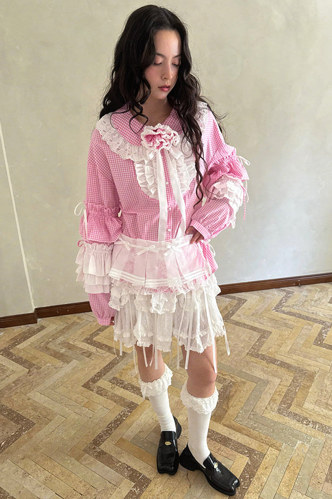 Camisa de patchwork con cuadrícula rosa muñeca