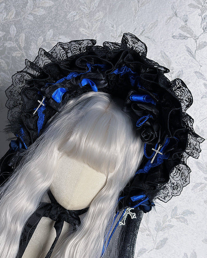 Black Mist Banquet Gothic Cross Rose Bonnet + Veil + Brooch