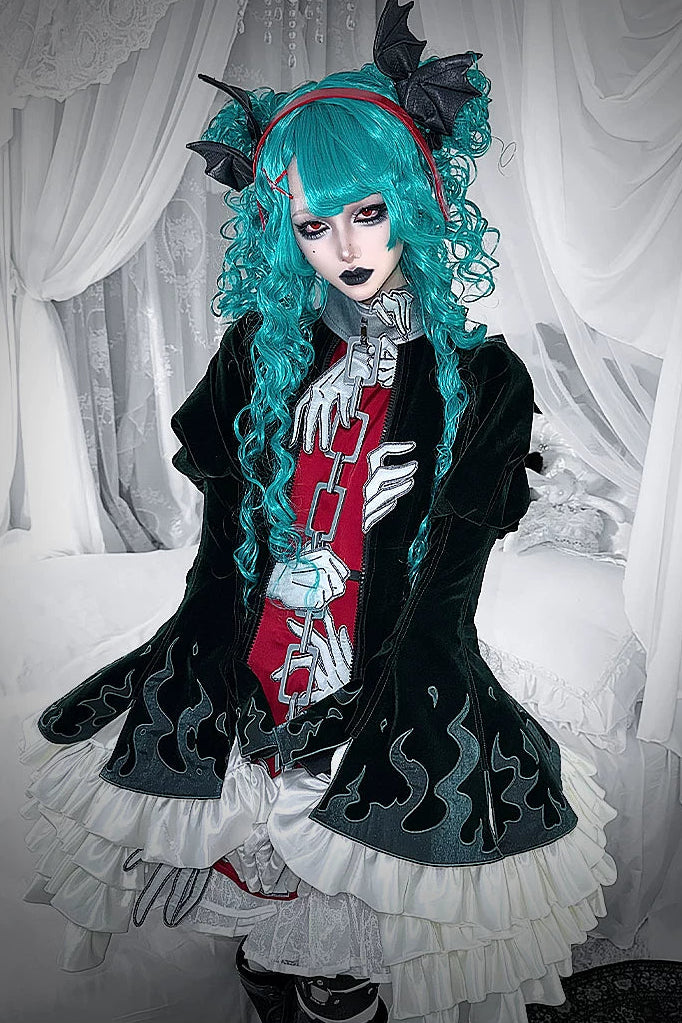 [Pre-order] Dark Green x Red Gothic Prince Velvet Flame 3D Chain Detail Ruffle Lolita Dress