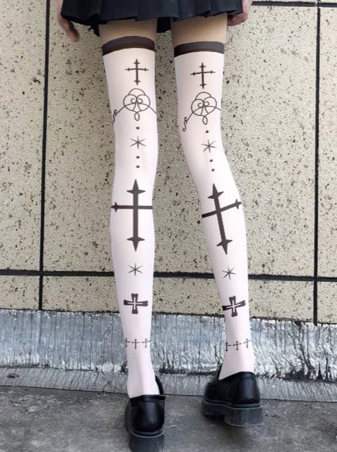 Gothic Cross Print Knee-High Socks