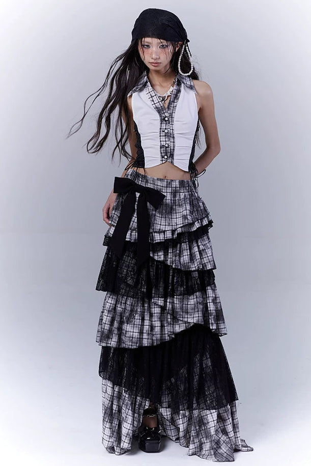 Y2Kダークパッチワークベストトップス