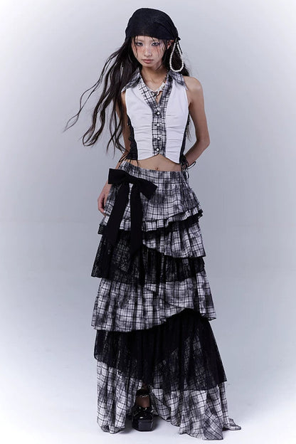 Y2Kダークパッチワークベストトップス